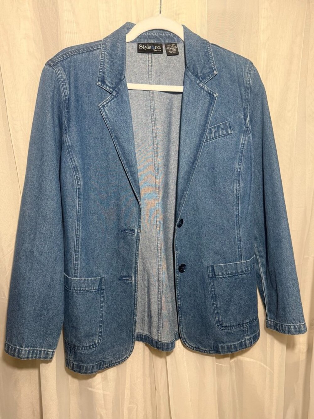 Style & Co Petite Denim Blazer Jacket 12P Blue Cotton Button Front Casual Stretc